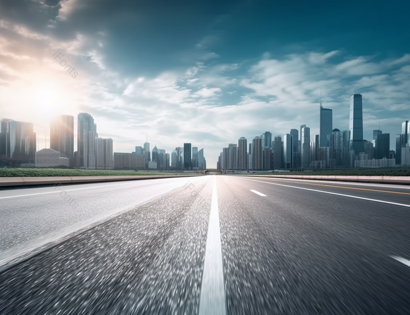 天空下空的道路与城市天际线背景,高清,摄影图,摄影图片,图片大全,摄影图免费下载